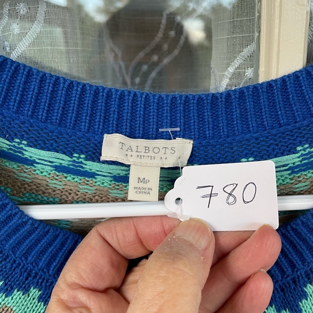 💙 Talbots Fair Isle Button-Front Cardigan – Blue Multi – Size MP - Picture 2 of 4